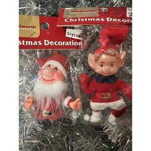 Lot Of 2 Vintage Flocked Christmas Ornaments New In Package Santa Elf & Elf